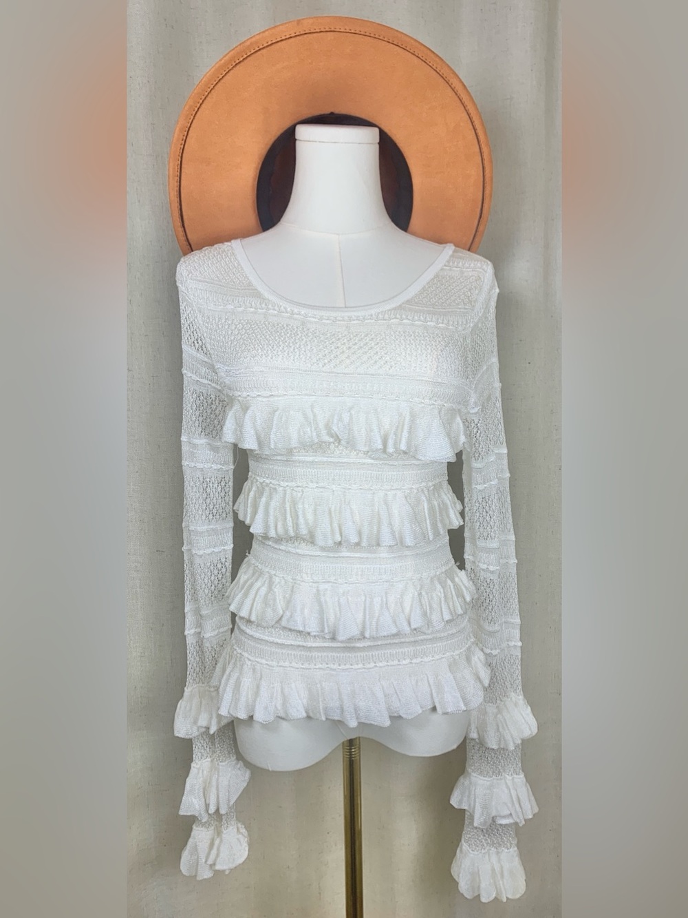 Anthropologie White Knit Ruffle Tiered Bell Sleeve Boho Sweater Top S